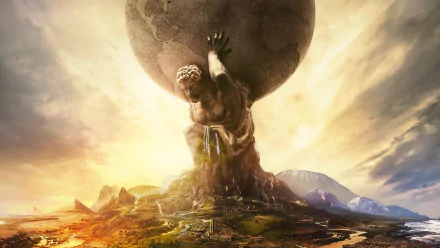 A powerful figure holds a massive globe atop a mountainous landscape, set against a dramatic sky, inspired by the popular video game Civilization VI. An HD desktop wallpaper.