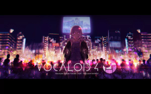 HD PC desktop wallpaper featuring Yuzuki Yukari from the Vocaloid series, set against a vibrant, neon-lit cityscape at night.