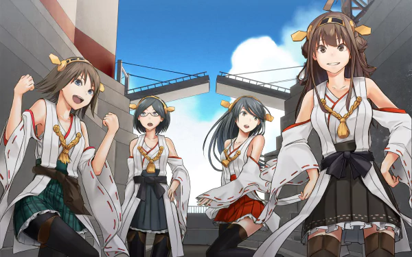 HD desktop wallpaper of Kongou, Hiei, Kirishima and Haruna from the Kantai Collection anime — four smiling shipgirls in naval-style outfits posing on a sunlit dock beneath a blue sky