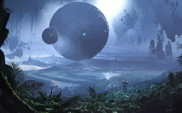A stunning sci-fi landscape featuring a floating island and two large spheres above a vibrant, lush environment, creating a captivating HD desktop wallpaper.