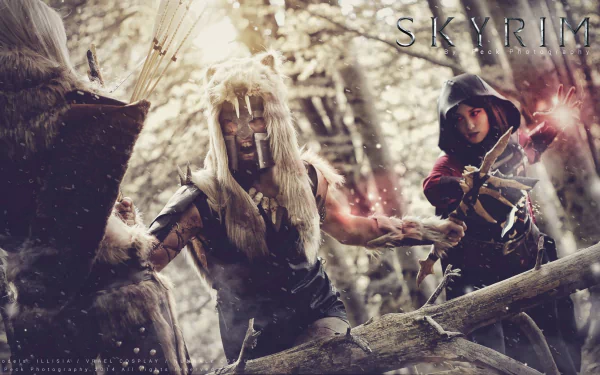 HD PC desktop wallpaper featuring a woman cosplaying Serana from The Elder Scrolls V: Skyrim, casting magic in a snowy forest scene.