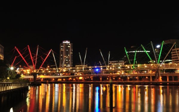 Man Made Brisbane Cities Australia Kurilpa Bridge City Light Reflection Brisbane River Queensland Night HD Wallpaper | Background Image
