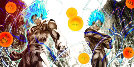 HD desktop wallpaper featuring Super Saiyan Blue Goku and Vegeta from Dragon Ball Super, with vibrant blue hair and Dragon Balls in the background.