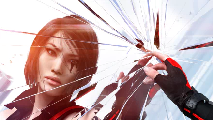 HD desktop wallpaper featuring Faith Connors from the video game Mirror's Edge Catalyst, reaching out to a shattered glass mirror with intense determination.