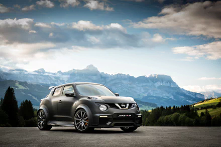 Silver Nissan Juke SUV parked on a road with scenic mountains and cloudy sky in the background, shown in sharp 4K Ultra HD detail.