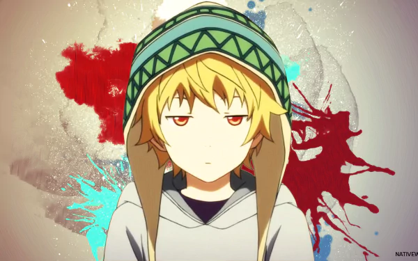 HD desktop wallpaper featuring Yukine from Noragami, set against a colorful abstract background with splashes of red and blue, showcasing his signature hat and thoughtful expression.