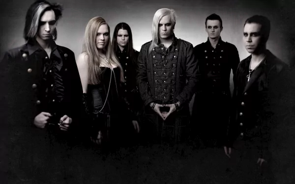 Black and white 4K Ultra HD wallpaper featuring musician Chris Harms and the band Lord Of The Lost in dark, gothic attire with a moody, atmospheric background.