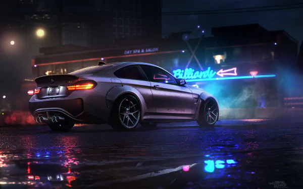HD PC desktop wallpaper featuring a sleek sports car under neon lights from the video game Need For Speed (2015), showcasing a rainy urban night scene.