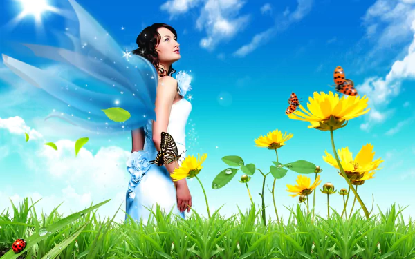 A fantasy fairy in a white dress stands amidst vibrant yellow flowers and butterflies under a bright blue sky, captured in stunning 4K Ultra HD for PC desktop wallpaper.