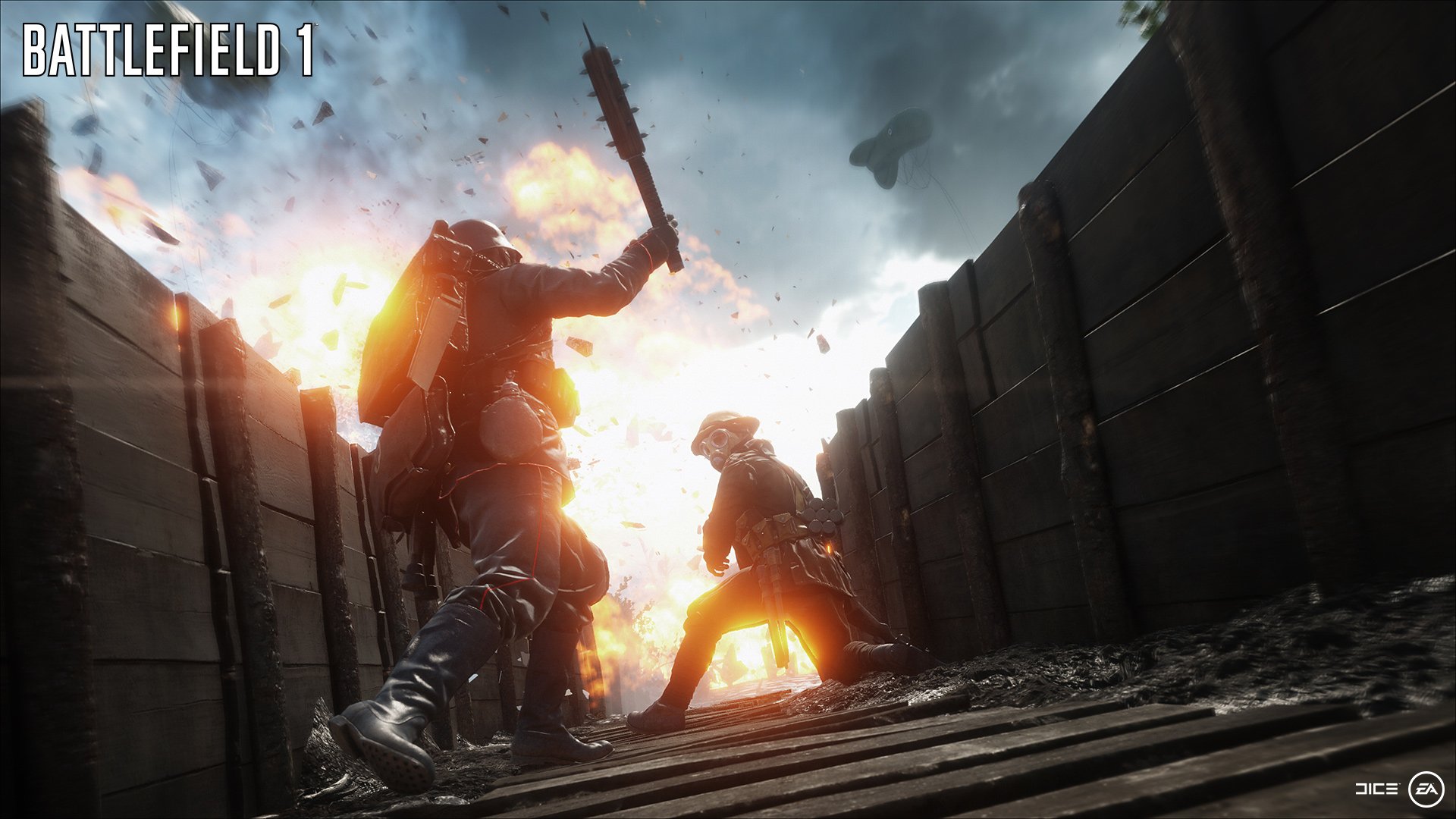 HD PC desktop wallpaper from the video game Battlefield 1, depicting intense trench warfare with soldiers and explosions under a stormy sky.