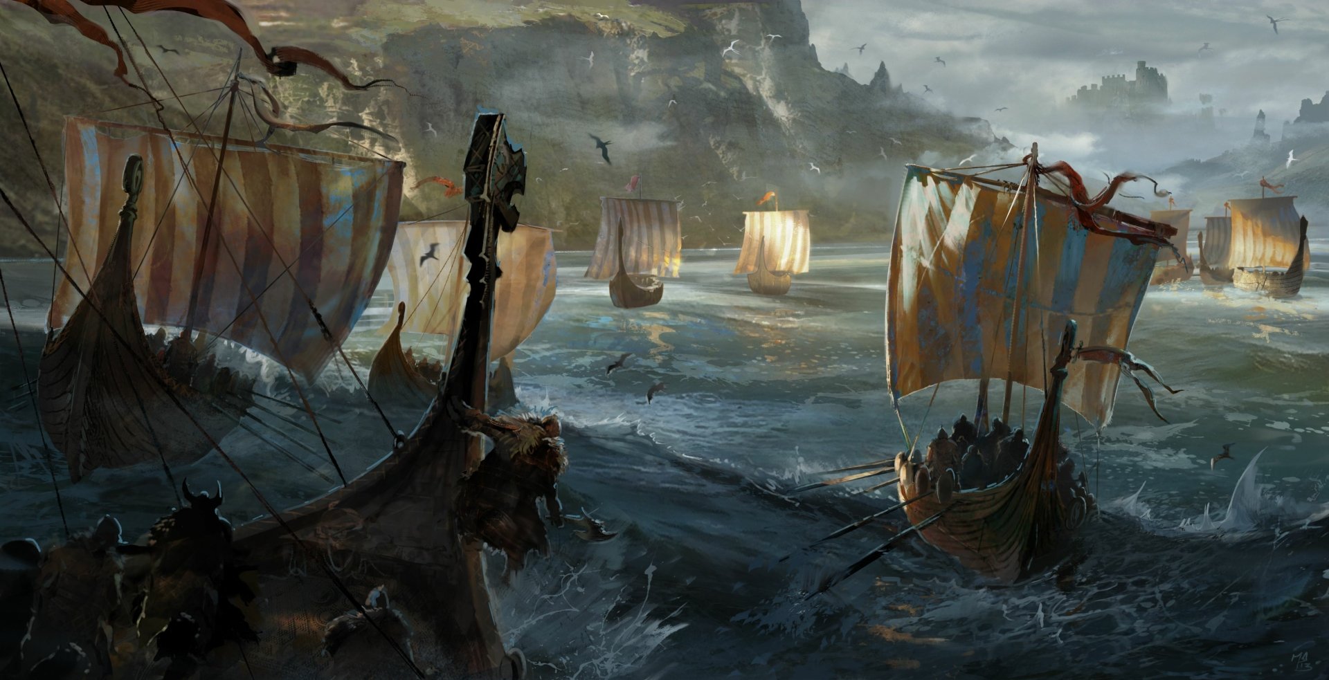 A striking HD drawing of Viking ships sailing through turbulent waters, inspired by the video game For Honor, set against a dramatic coastal landscape.