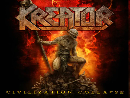 HD desktop wallpaper featuring a monstrous creature holding a weapon, standing on skulls with fiery background, showcasing the heavy metal band Kreator's logo above.