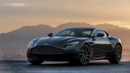 A sleek black Aston Martin DB11 supercar parked against a scenic backdrop, with a cat nearby, showcasing luxury and elegance in this HD desktop wallpaper.