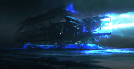 A sci-fi spaceship emitting glowing blue energy, depicted in a dark, futuristic HD PC desktop wallpaper and background.