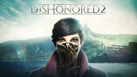 HD wallpaper featuring Emily Kaldwin from the video game Dishonored 2, showcasing her intriguing gaze against a stunning landscape backdrop.
