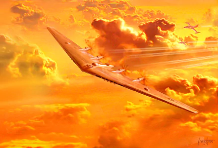 A Northrop YB-35 bomber soars through a vibrant sunset sky, showcasing its sleek, innovative design against a backdrop of clouds, representing military aviation excellence.