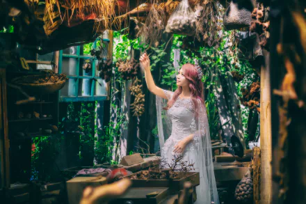 An elegant Asian bride in a white wedding dress is posing in a rustic, nature-filled setting, with greenery and decorative items around her, creating a stunning HD desktop wallpaper and background.