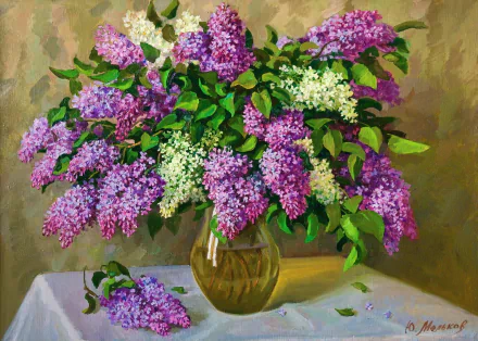 Artistic painting of a glass vase overflowing with purple and white lilacs and green leaves on a table, vivid HD PC desktop wallpaper background.