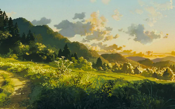 HD PC desktop wallpaper from the anime Only Yesterday, depicting a lush countryside landscape with sunlight casting warm hues over fields and distant hills.