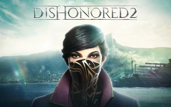 HD wallpaper featuring Emily Kaldwin from the video game Dishonored 2, showcasing her intriguing gaze against a stunning landscape backdrop.