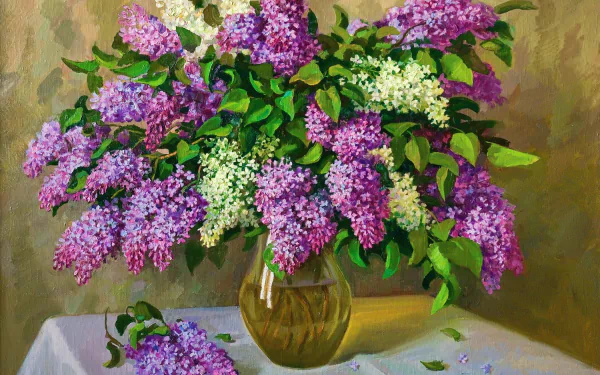 Artistic painting of a glass vase overflowing with purple and white lilacs and green leaves on a table, vivid HD PC desktop wallpaper background.