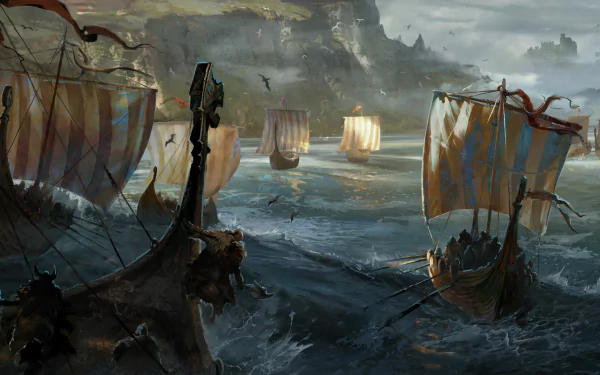 A striking HD drawing of Viking ships sailing through turbulent waters, inspired by the video game For Honor, set against a dramatic coastal landscape.