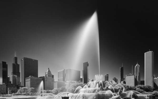 Man Made Fountain Black & White City Chicago USA Skyscraper Building HD Wallpaper | Background Image