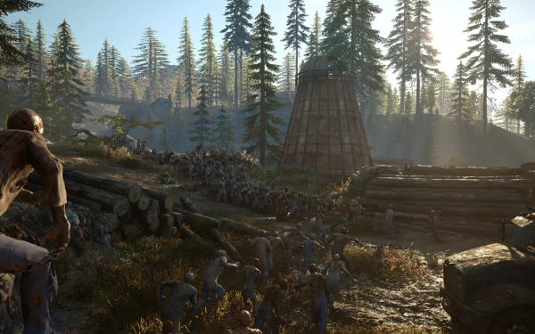 A dramatic HD wallpaper featuring Deacon St. John from the video game Days Gone, set in a post-apocalyptic forest with a horde of zombies in the background.