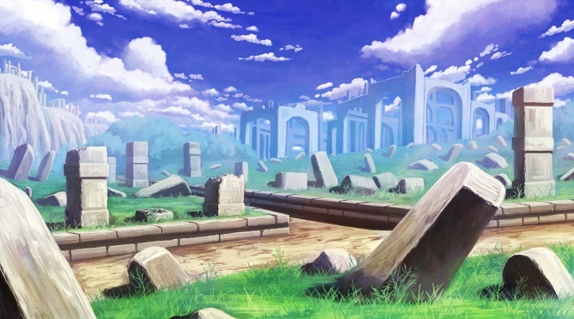 HD anime original artwork depicting a bright, serene landscape with ancient ruins under a vibrant blue sky, designed as a PC desktop wallpaper and background.