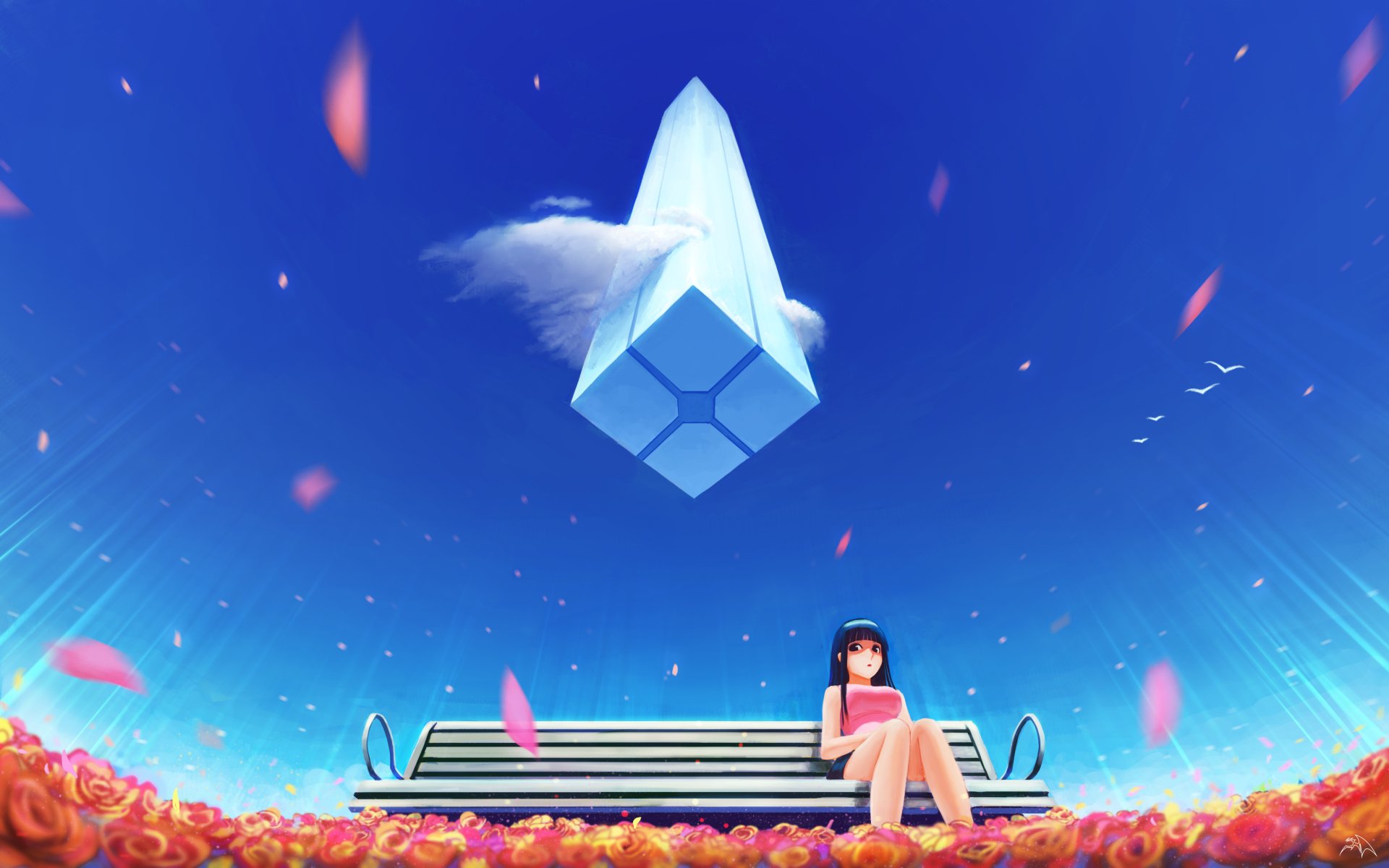 Anime-style 4K Ultra HD desktop wallpaper featuring a girl sitting on a bench surrounded by flowers under a vibrant blue sky with a floating crystal and scattered petals.