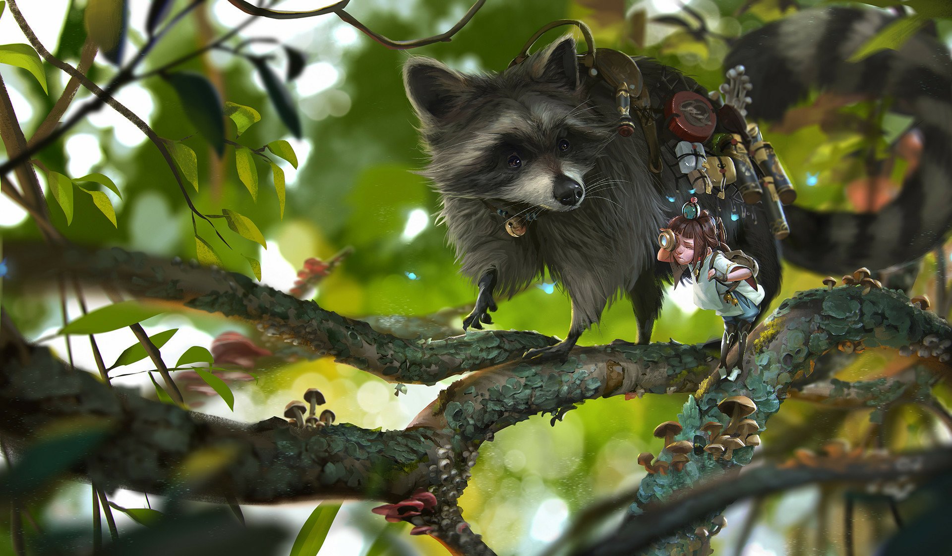 A fantasy-themed HD desktop wallpaper depicting a raccoon perched on a leafy branch, with a little girl's imaginative elements blending into the natural scene.