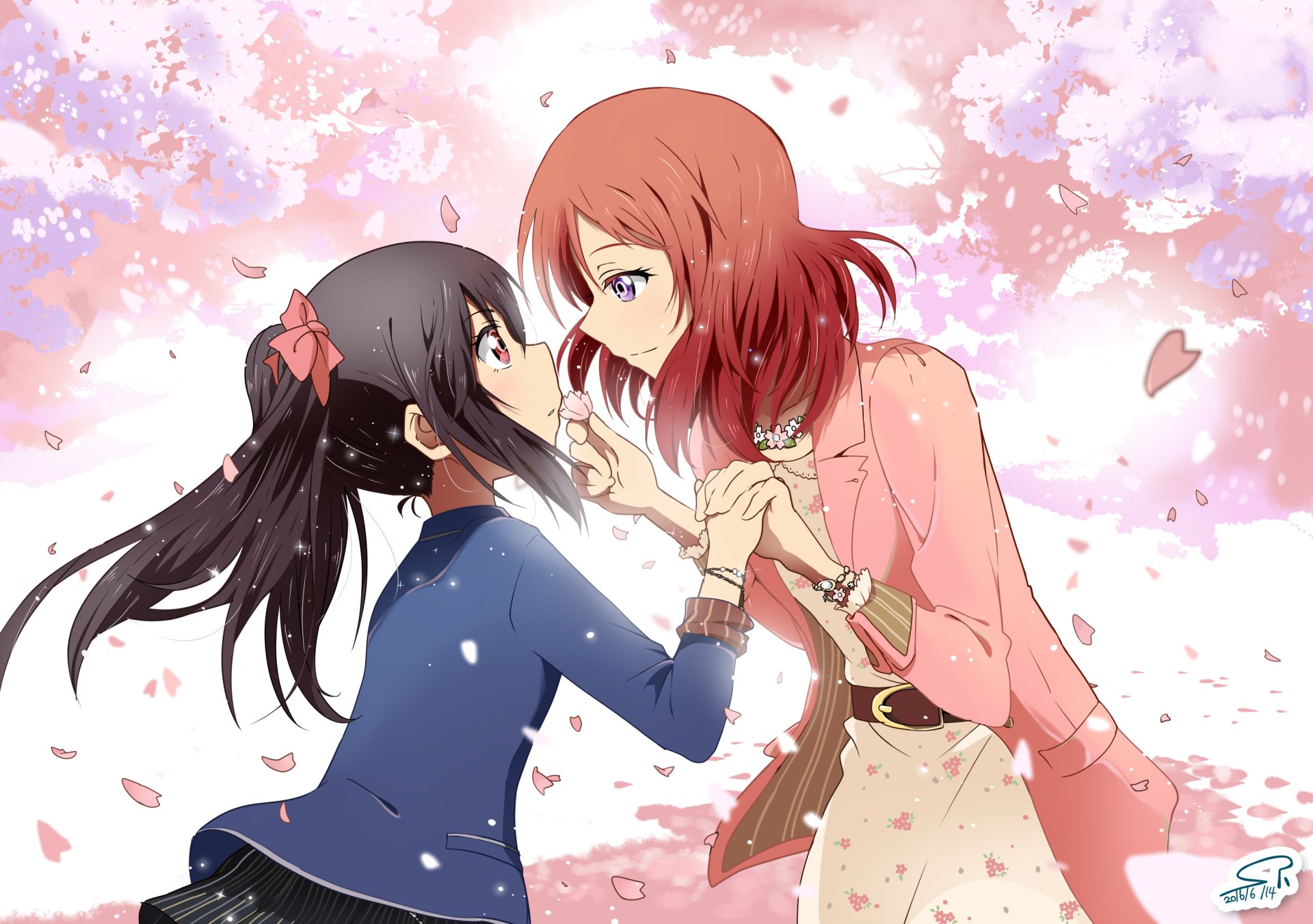 Nico Yazawa and Maki Nishikino from the anime Love Live! share a tender moment surrounded by falling petals, depicted in a vibrant HD desktop wallpaper and background.