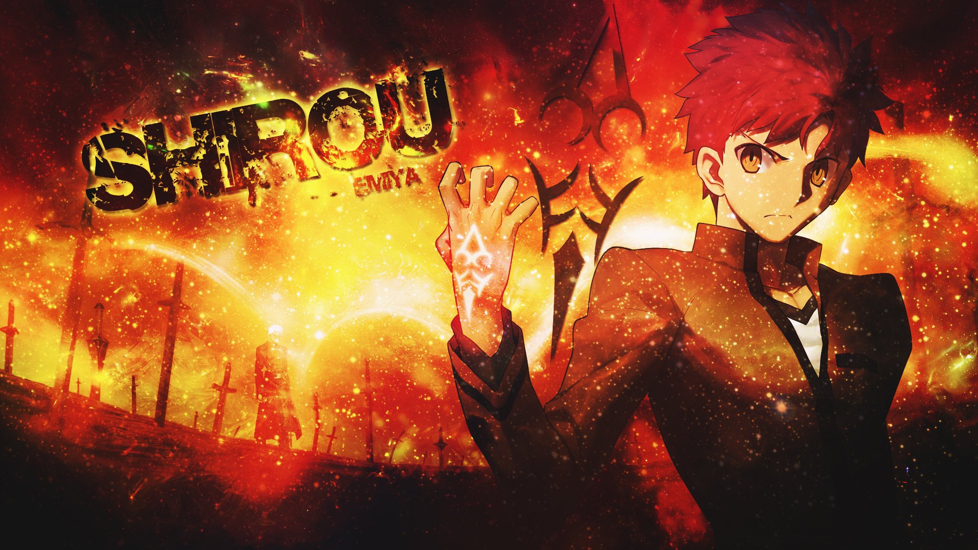 HD PC desktop wallpaper featuring Shirou Emiya from the anime Fate/Stay Night, with fiery background and glowing magical symbols.