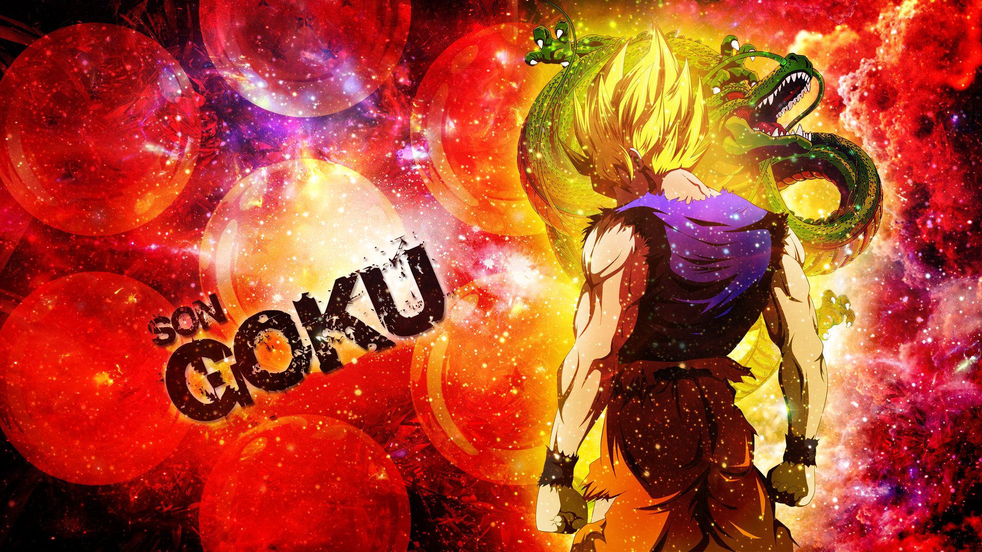 Vibrant HD wallpaper featuring Goku from Dragon Ball Z, showcasing his iconic hairstyle and powerful stance against a colorful cosmic background.