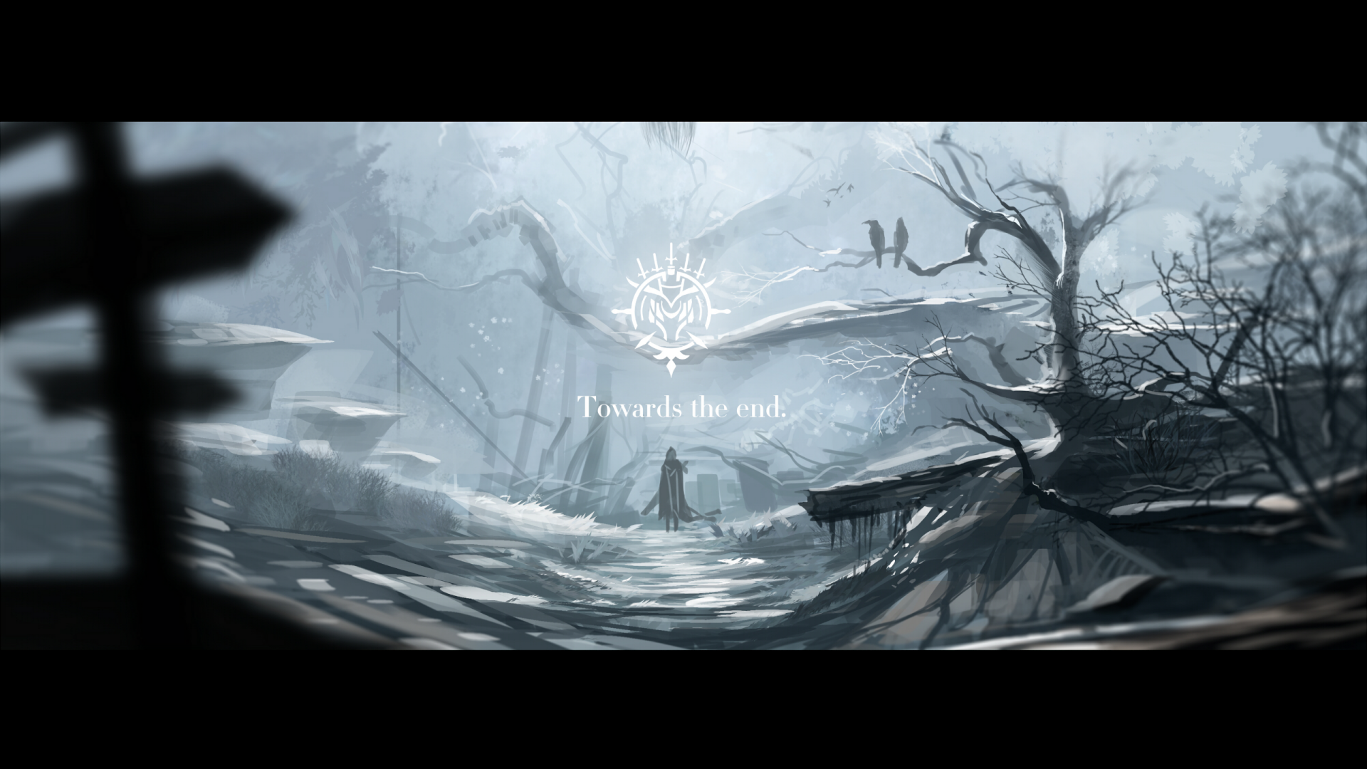Anime-style HD desktop wallpaper from Pixiv Fantasia Fallen Kings, featuring a solitary figure in a misty, eerie landscape with barren trees and a muted color palette.