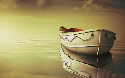 A serene HD desktop wallpaper from the movie Life of Pi, featuring a boat peacefully floating on calm waters with a tiger companion, bathed in soft golden light.