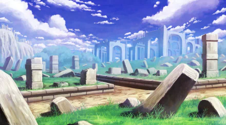 HD anime original artwork depicting a bright, serene landscape with ancient ruins under a vibrant blue sky, designed as a PC desktop wallpaper and background.