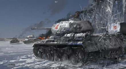 HD desktop wallpaper featuring a dramatic scene from Girls und Panzer with tanks in action on a snowy battlefield, showcasing the character Nonna amidst the battle.
