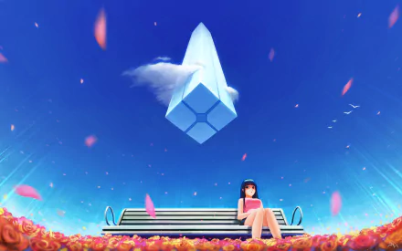 Anime-style 4K Ultra HD desktop wallpaper featuring a girl sitting on a bench surrounded by flowers under a vibrant blue sky with a floating crystal and scattered petals.
