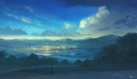 A serene anime-inspired landscape featuring rolling hills, a calm body of water, and a dramatic sky with clouds, creating a captivating HD desktop wallpaper background.