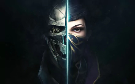 HD wallpaper of Corvo Attano and Emily Kaldwin from the video game Dishonored 2, showcasing their faces split down the middle, with a mysterious and dark aesthetic.