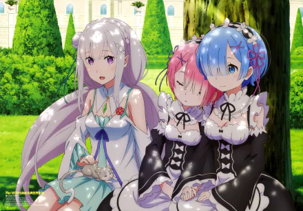 HD wallpaper featuring characters from Re:Zero - Starting Life in Another World: Emilia with long purple hair, and twins Rem and Ram with blue and pink hair, sitting together in a scenic background.