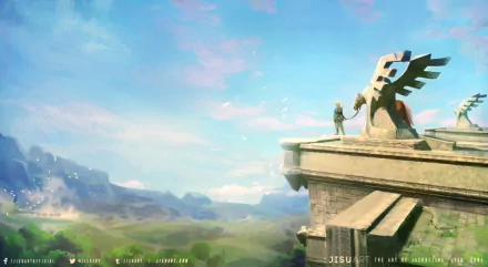 A vibrant HD wallpaper featuring Link from The Legend of Zelda: Breath of the Wild, standing on a stone platform, gazing over a breathtaking landscape under a clear blue sky.