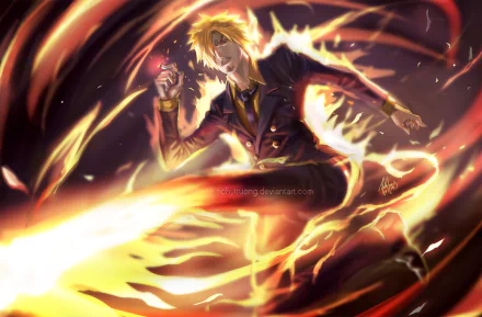 An HD desktop wallpaper featuring Sanji from One Piece, artistically depicted with fiery effects, showcasing his dynamic pose and signature style in this vibrant anime artwork.