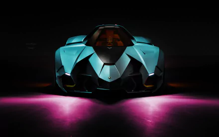 Front view of a teal Lamborghini Egoista vehicle with dramatic lighting and pink reflections — HD PC desktop wallpaper/background.