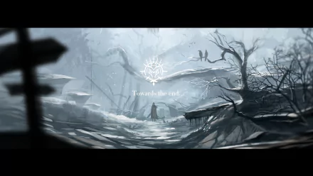 Anime-style HD desktop wallpaper from Pixiv Fantasia Fallen Kings, featuring a solitary figure in a misty, eerie landscape with barren trees and a muted color palette.