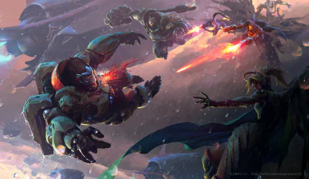 HD desktop wallpaper featuring Overwatch characters Bastion, Mercy, Reaper, Widowmaker, Reinhardt, and Winston in an intense battle scene, with dramatic lighting and action-packed elements.