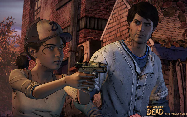Clementine from The Walking Dead: A New Frontier aims her weapon alongside a companion, showcasing a tense moment in this HD wallpaper for the acclaimed video game.