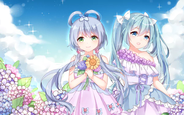 Anime-inspired HD wallpaper featuring Luo Tianyi and Hatsune Miku, surrounded by colorful flowers against a bright blue sky. A vibrant Vocaloid scene celebrating music and companionship.