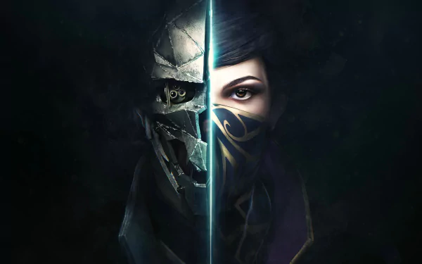 HD wallpaper of Corvo Attano and Emily Kaldwin from the video game Dishonored 2, showcasing their faces split down the middle, with a mysterious and dark aesthetic.